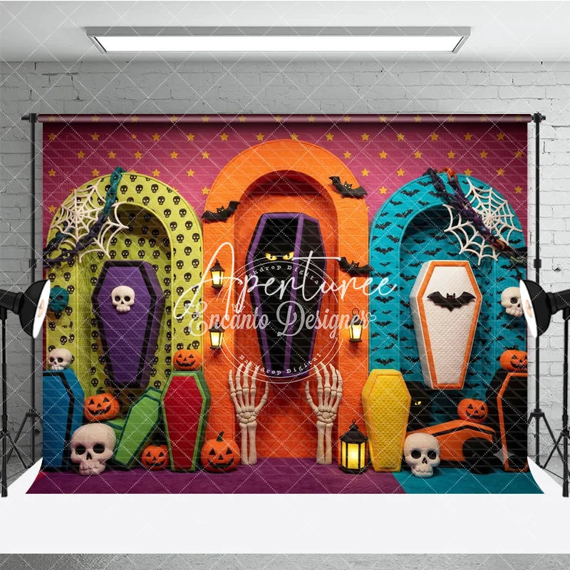 Aperturee - Aperturee Vibrant Halloween Coffin Skulls and Pumpkins Photography Backdrop Spooky Bats Spiderwebs and Skeleton Hands Decor