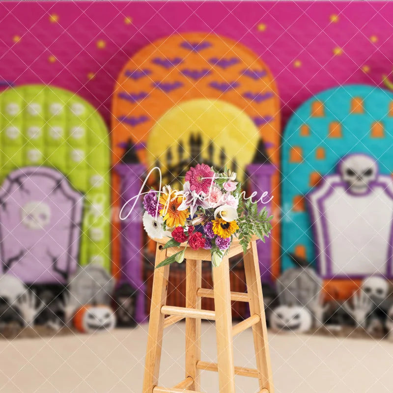 Aperturee - Aperturee Vibrant Halloween Graveyard Photography Backdrop featuring Skulls Jack-o-Lanterns and Twisted Trees for Spooky Party