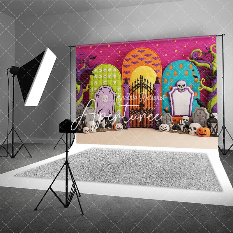 Aperturee - Aperturee Vibrant Halloween Graveyard Photography Backdrop featuring Skulls Jack-o-Lanterns and Twisted Trees for Spooky Party