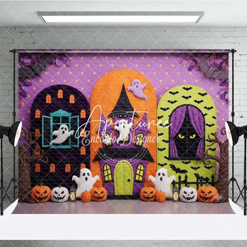 Aperturee - Aperturee Vibrant Halloween Haunted House Photography Backdrop with Spooky Ghosts Pumpkins and Bats for Kids Party Celebration