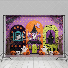 Aperturee - Aperturee Vibrant Halloween Haunted House Photography Backdrop with Spooky Ghosts Pumpkins and Bats for Kids Party Celebration