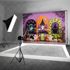 Aperturee - Aperturee Vibrant Halloween Haunted House Photography Backdrop with Spooky Ghosts Pumpkins and Bats for Kids Party Celebration