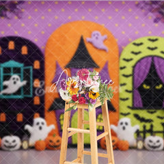 Aperturee - Aperturee Vibrant Halloween Haunted House Photography Backdrop with Spooky Ghosts Pumpkins and Bats for Kids Party Celebration