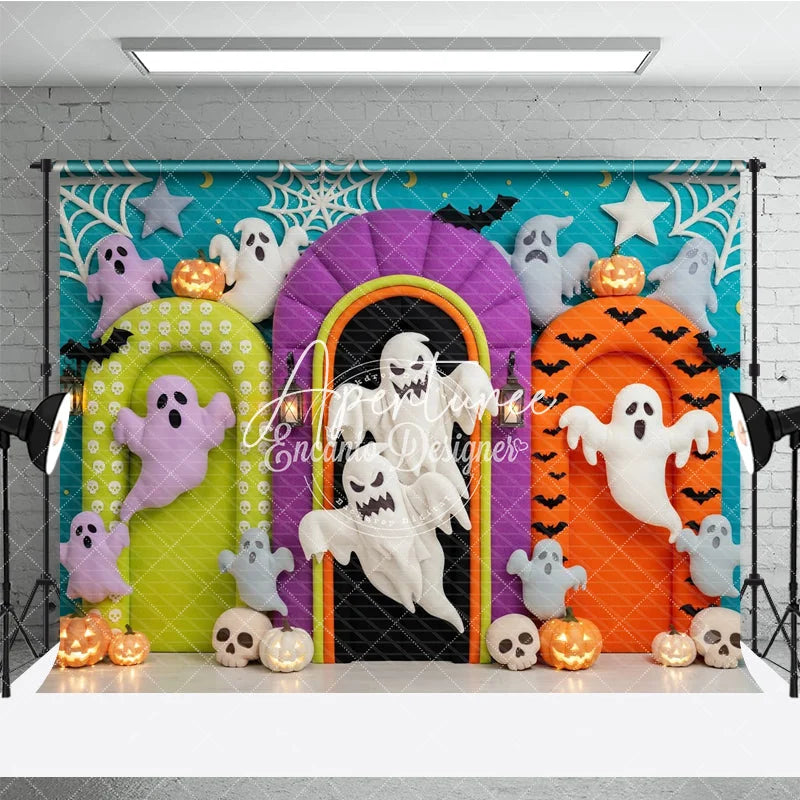Aperturee - Aperturee Vibrant Halloween Photography Backdrop with Playful Ghosts Glowing Pumpkins Bats and Spiderwebs for Party Decor