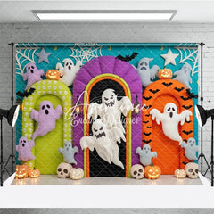 Aperturee - Aperturee Vibrant Halloween Photography Backdrop with Playful Ghosts Glowing Pumpkins Bats and Spiderwebs for Party Decor