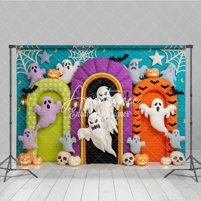Aperturee - Aperturee Vibrant Halloween Photography Backdrop with Playful Ghosts Glowing Pumpkins Bats and Spiderwebs for Party Decor