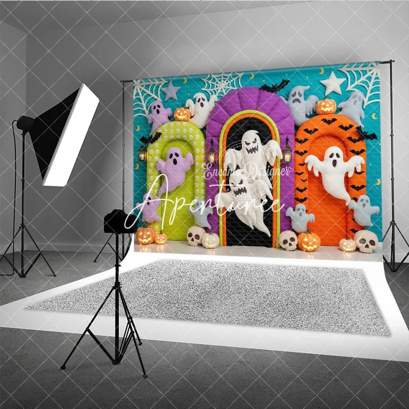 Aperturee - Aperturee Vibrant Halloween Photography Backdrop with Playful Ghosts Glowing Pumpkins Bats and Spiderwebs for Party Decor