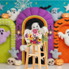Aperturee - Aperturee Vibrant Halloween Photography Backdrop with Playful Ghosts Glowing Pumpkins Bats and Spiderwebs for Party Decor