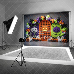 Aperturee - Aperturee Vibrant Halloween Photography Backdrop with Pumpkins Ghosts and Balloon Arch for Spooky Celebrations