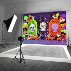Aperturee - Aperturee Vibrant Halloween Photography Backdrop with Sugar Skull Pumpkins and Ghosts Arched Panels and Balloons for Party