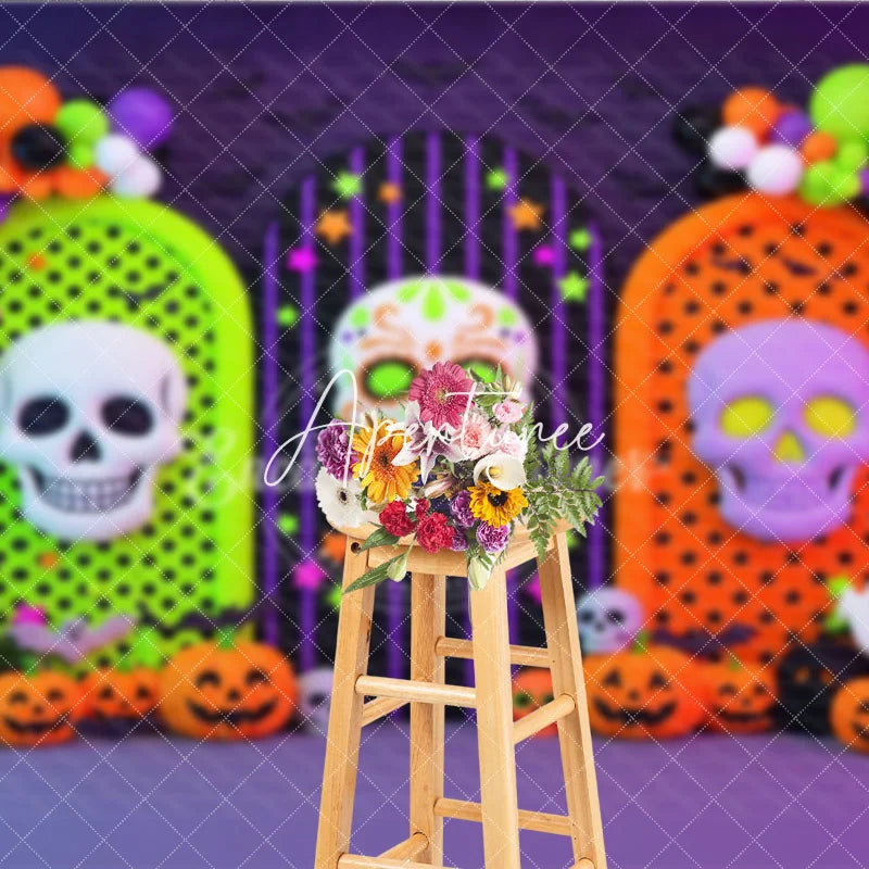 Aperturee - Aperturee Vibrant Halloween Photography Backdrop with Sugar Skull Pumpkins and Ghosts Arched Panels and Balloons for Party