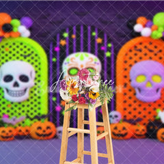 Aperturee - Aperturee Vibrant Halloween Photography Backdrop with Sugar Skull Pumpkins and Ghosts Arched Panels and Balloons for Party