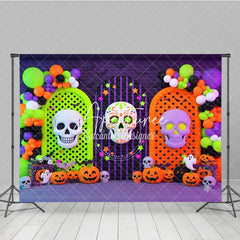 Aperturee - Aperturee Vibrant Halloween Photography Backdrop with Sugar Skull Pumpkins and Ghosts Arched Panels and Balloons for Party