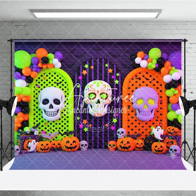 Aperturee - Aperturee Vibrant Halloween Photography Backdrop with Sugar Skull Pumpkins and Ghosts Arched Panels and Balloons for Party