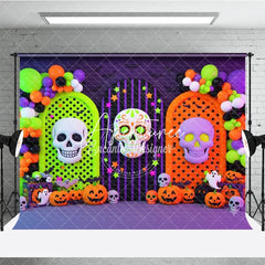 Aperturee - Aperturee Vibrant Halloween Photography Backdrop with Sugar Skull Pumpkins and Ghosts Arched Panels and Balloons for Party