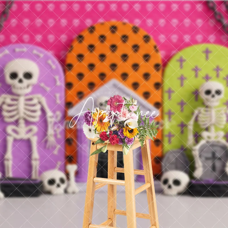Aperturee - Aperturee Vibrant Halloween Skeletons and Skulls Photography Backdrop Spooky Party Celebration Decor with Bones and Coffins