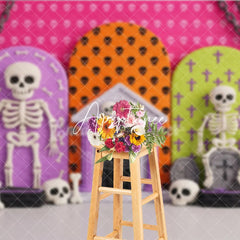 Aperturee - Aperturee Vibrant Halloween Skeletons and Skulls Photography Backdrop Spooky Party Celebration Decor with Bones and Coffins