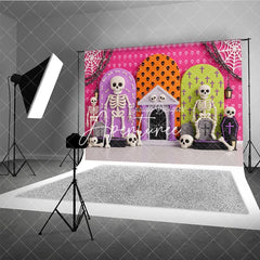 Aperturee - Aperturee Vibrant Halloween Skeletons and Skulls Photography Backdrop Spooky Party Celebration Decor with Bones and Coffins