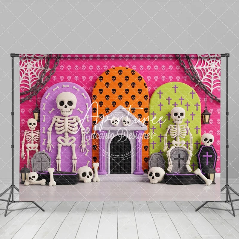 Aperturee - Aperturee Vibrant Halloween Skeletons and Skulls Photography Backdrop Spooky Party Celebration Decor with Bones and Coffins