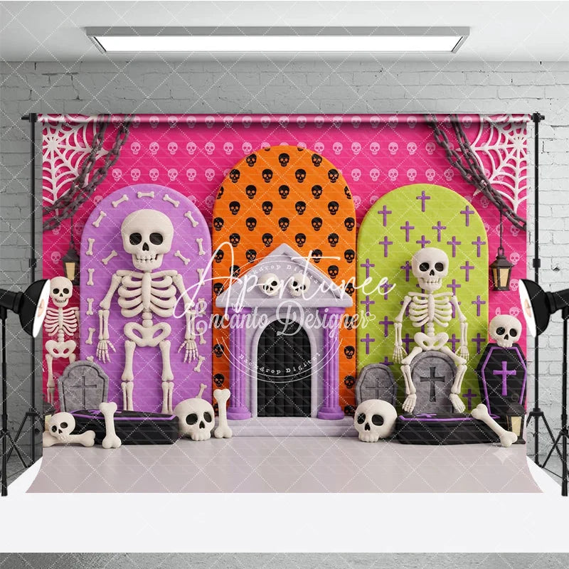 Aperturee - Aperturee Vibrant Halloween Skeletons and Skulls Photography Backdrop Spooky Party Celebration Decor with Bones and Coffins