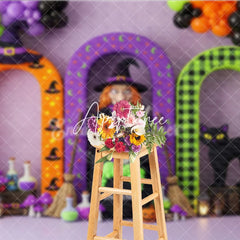 Aperturee - Aperturee Vibrant Halloween Witch and Black Cat Arches Photography Backdrop Spooky Party Decor with Pumpkins and Balloons