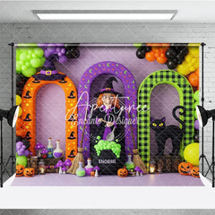 Aperturee - Aperturee Vibrant Halloween Witch and Black Cat Arches Photography Backdrop Spooky Party Decor with Pumpkins and Balloons