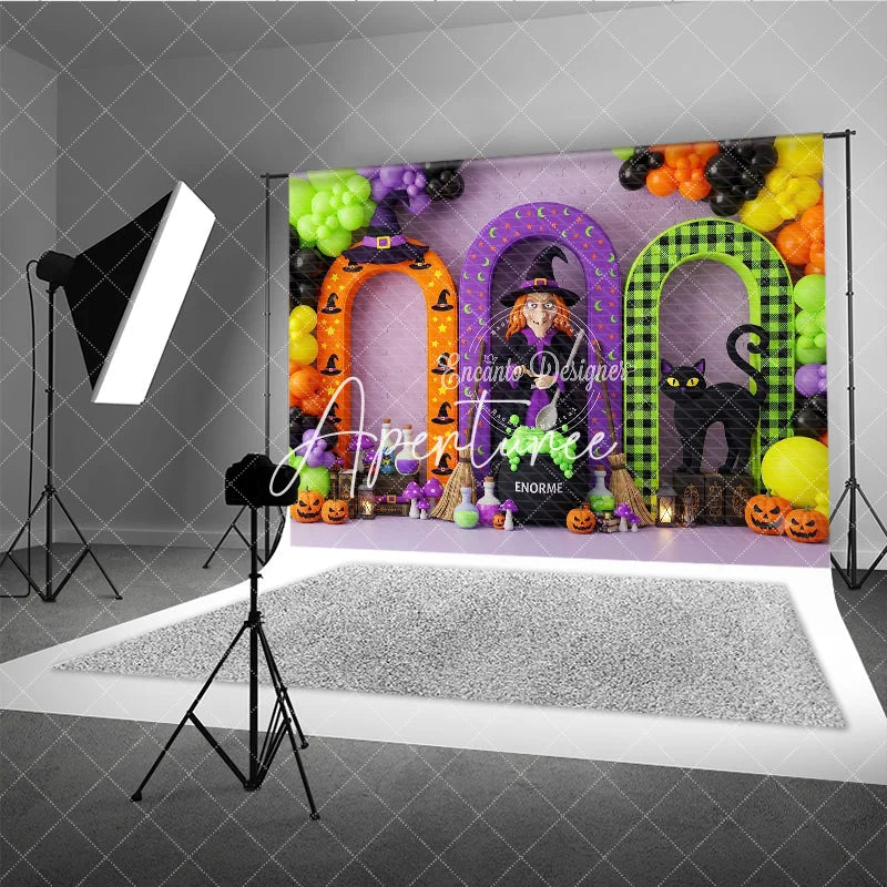 Aperturee - Aperturee Vibrant Halloween Witch and Black Cat Arches Photography Backdrop Spooky Party Decor with Pumpkins and Balloons