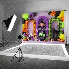 Aperturee - Aperturee Vibrant Halloween Witch and Black Cat Arches Photography Backdrop Spooky Party Decor with Pumpkins and Balloons