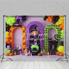 Aperturee - Aperturee Vibrant Halloween Witch and Black Cat Arches Photography Backdrop Spooky Party Decor with Pumpkins and Balloons