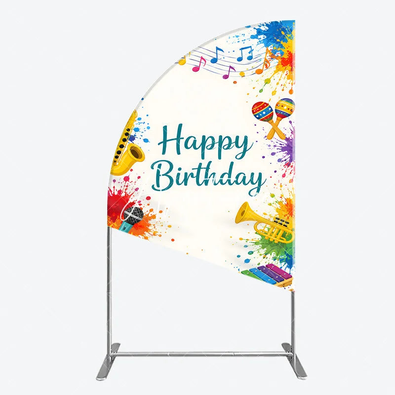 Aperturee - Aperturee Vibrant Happy Birthday Musical Instruments Half Moon Arch Backdrop Colorful Paint Splatter Party Decor