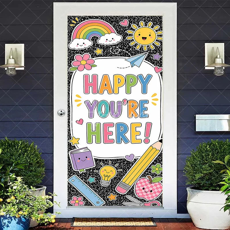 Aperturee - Aperturee Vibrant Happy You’re Here School Welcome Door Cover with Rainbow and Classroom Elements Back to School Decor