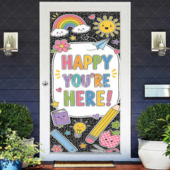 Aperturee - Aperturee Vibrant Happy You’re Here School Welcome Door Cover with Rainbow and Classroom Elements Back to School Decor