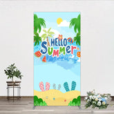 Aperturee - Aperturee Vibrant Hello Summer Beach Rectangle Arch Backdrop Tropical Palm Trees and Flip-Flops Decor