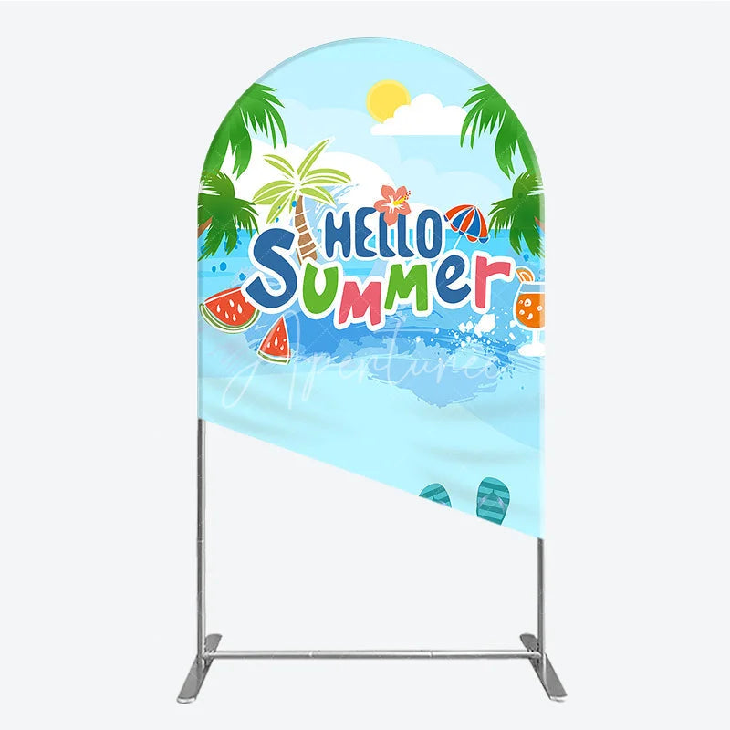 Aperturee - Aperturee Vibrant Hello Summer Beach Round Top Arch Backdrop Featuring Palm Trees Watermelon and Colorful Flip Flops