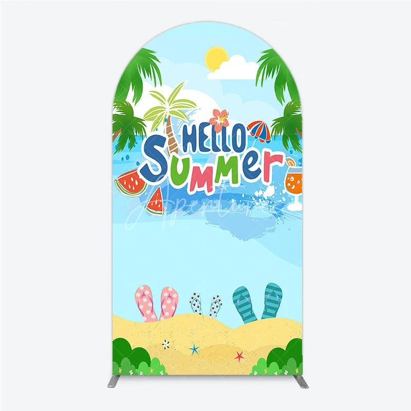 Aperturee - Aperturee Vibrant Hello Summer Beach Round Top Arch Backdrop Featuring Palm Trees Watermelon and Colorful Flip Flops