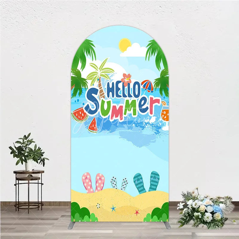 Aperturee - Aperturee Vibrant Hello Summer Beach Round Top Arch Backdrop Featuring Palm Trees Watermelon and Colorful Flip Flops