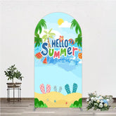 Aperturee - Aperturee Vibrant Hello Summer Beach Round Top Arch Backdrop Featuring Palm Trees Watermelon and Colorful Flip Flops