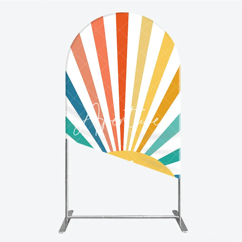 Aperturee - Aperturee Vibrant Hello Sunshine Colorful Sunburst Round Top Arch Backdrop Retro Summer Party Celebration Decor