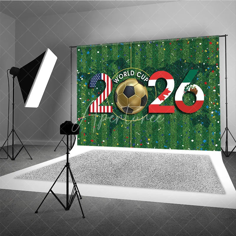 Aperturee - Aperturee Vibrant International Soccer Tournament 2026 Holiday Backdrop USA Canada Mexico Flags on Green Field