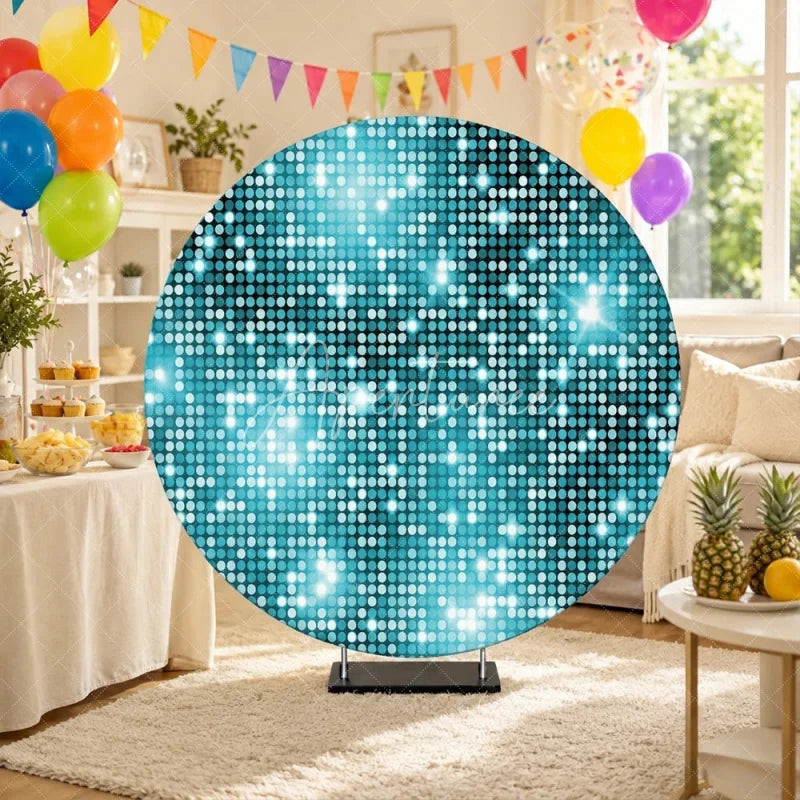 Aperturee - Aperturee Vibrant Light Blue and Turquoise Glitter Disco Round Backdrop Sparkling Celebration Party Decor for Events