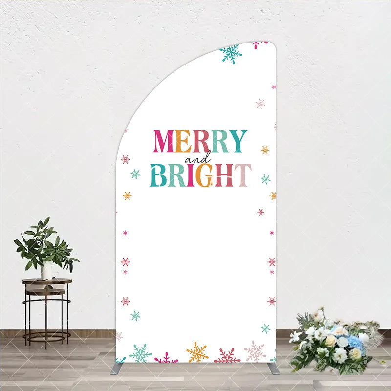Aperturee - Aperturee Vibrant Merry and Bright Half Moon Arch Backdrop with Colorful Snowflakes Festive Holiday Party Decor