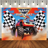Aperturee - Aperturee Vibrant Monster Truck and Checkered Flag Racing Birthday Backdrop Dynamic Adventure Party Decor for Boys