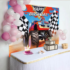 Aperturee - Aperturee Vibrant Monster Truck and Checkered Flag Racing Birthday Backdrop Dynamic Adventure Party Decor for Boys