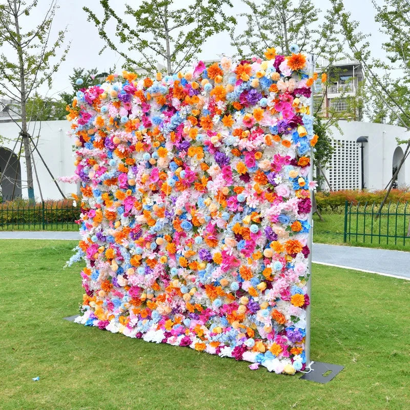 Aperturee - Aperturee Vibrant Multi-Color Artificial Flower Wall Lush Pink Orange Blue Purple White Floral Backdrop for Events
