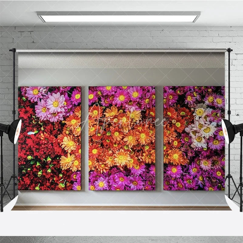 Aperturee - Aperturee Vibrant Multi-Color Floral Photography Backdrop featuring Red Orange Pink and Purple Daisy Flowers