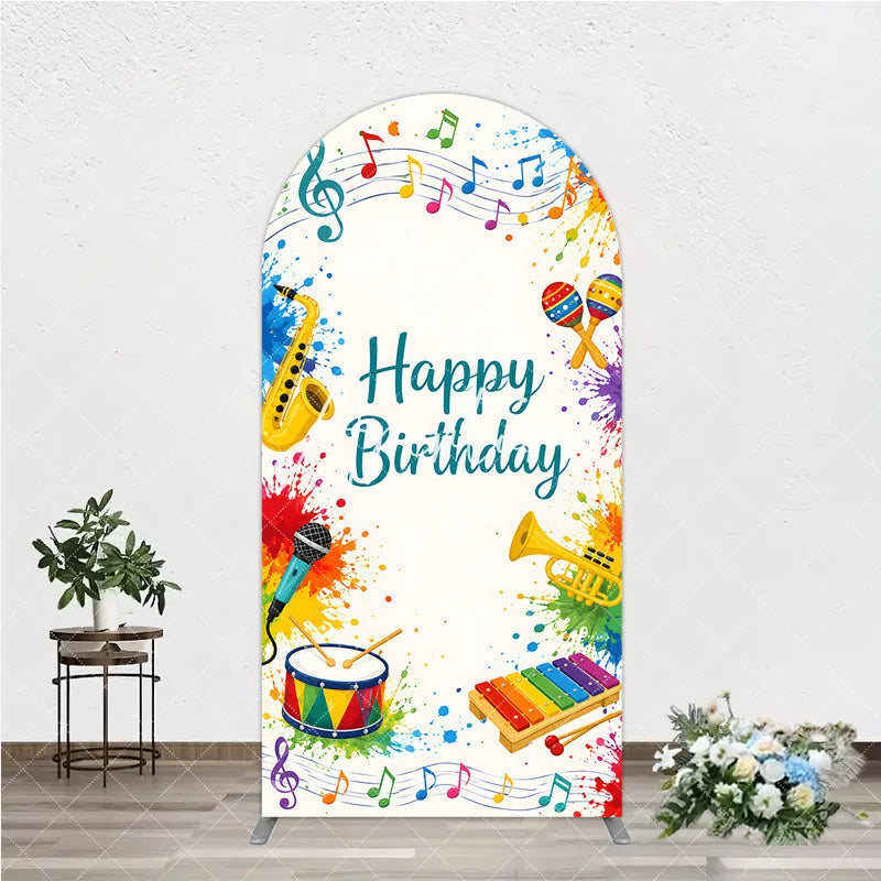 Aperturee - Aperturee Vibrant Multi-Color Musical Happy Birthday Round Top Arch Backdrop Festive Party Decor with Instruments