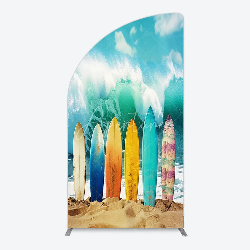 Aperturee - Aperturee Vibrant Multi-color Surfboards and Crashing Ocean Wave Half Moon Arch Backdrop Summer Beach Party Decor