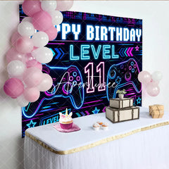 Aperturee - Aperturee Vibrant Neon Blue and Pink Gaming Controller Level 11 Happy Birthday Backdrop Gamer Theme Party Decor