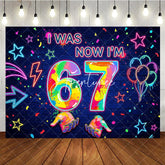 Aperturee - Aperturee Vibrant Neon Graffiti 7th Birthday Backdrop Colorful Splatter Stars and Balloons Dark Blue Brick Wall Party Decor