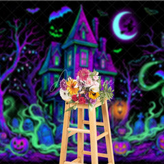 Aperturee - Aperturee Vibrant Neon Purple and Green Haunted House Holiday Backdrop Spooky Halloween Party Decor with Jack-o’-Lanterns